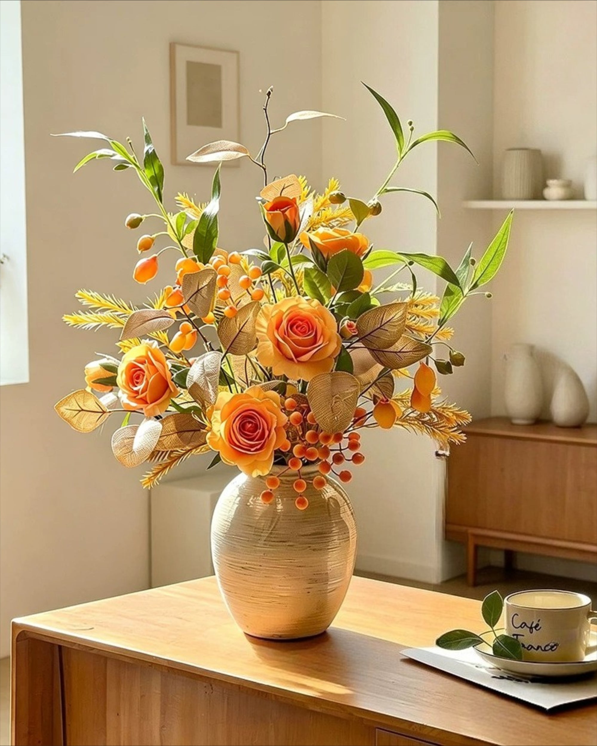 Vintage Autumn Amber Rose & Berry Faux Floral Arrangement