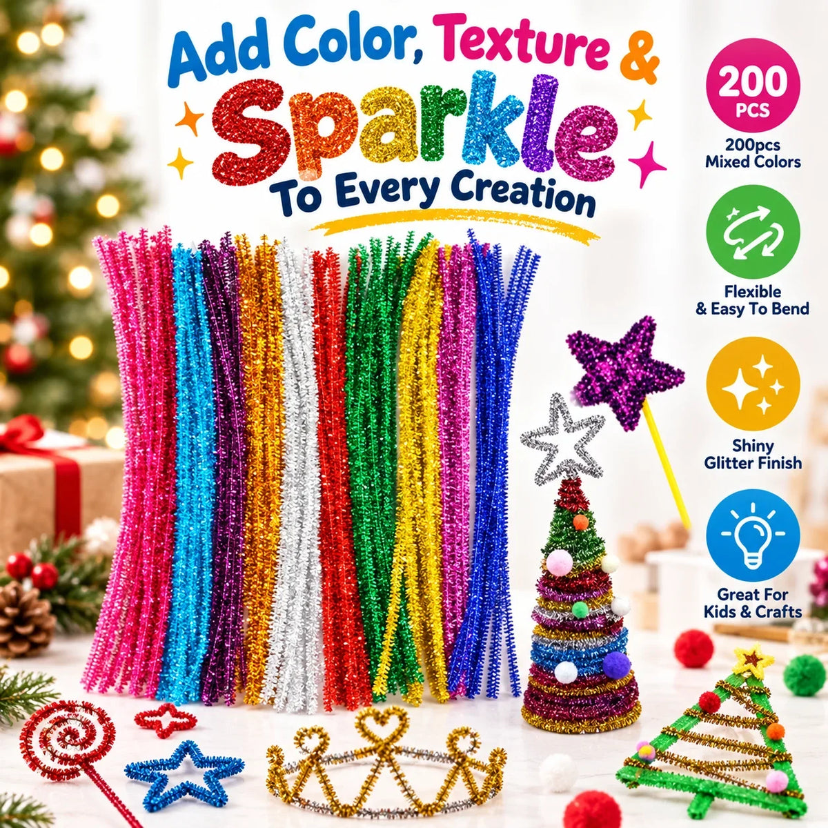 200pcs Mixed Color Glitter Pipe Cleaners For DIY Crafts