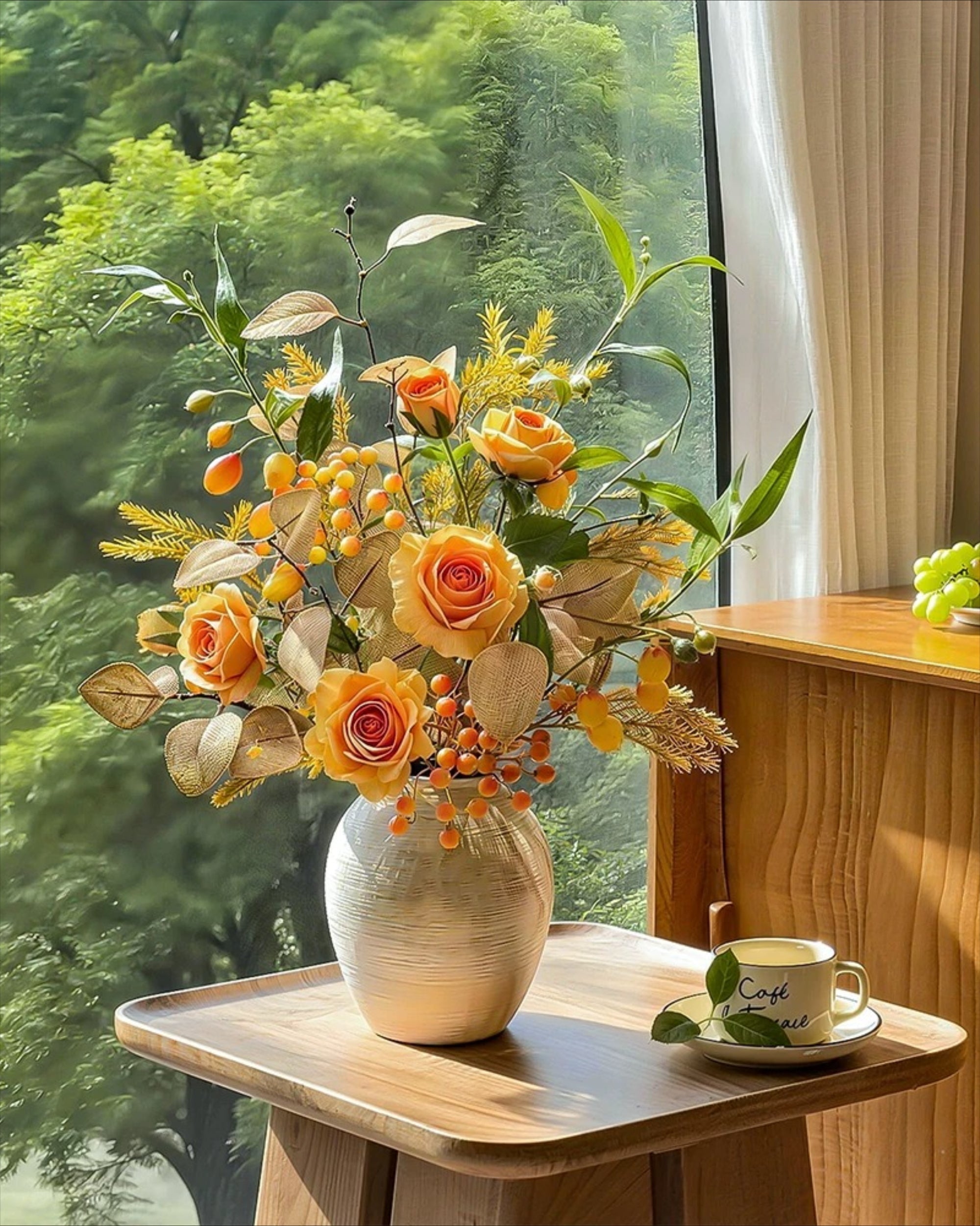 Vintage Autumn Amber Rose & Berry Faux Floral Arrangement