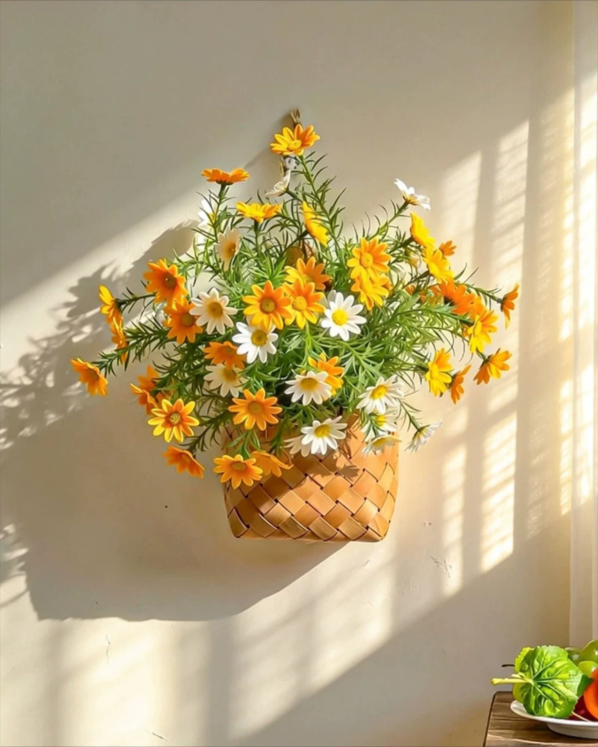 Sunlit Daisy & Chamomile Faux Floral Basket Arrangement