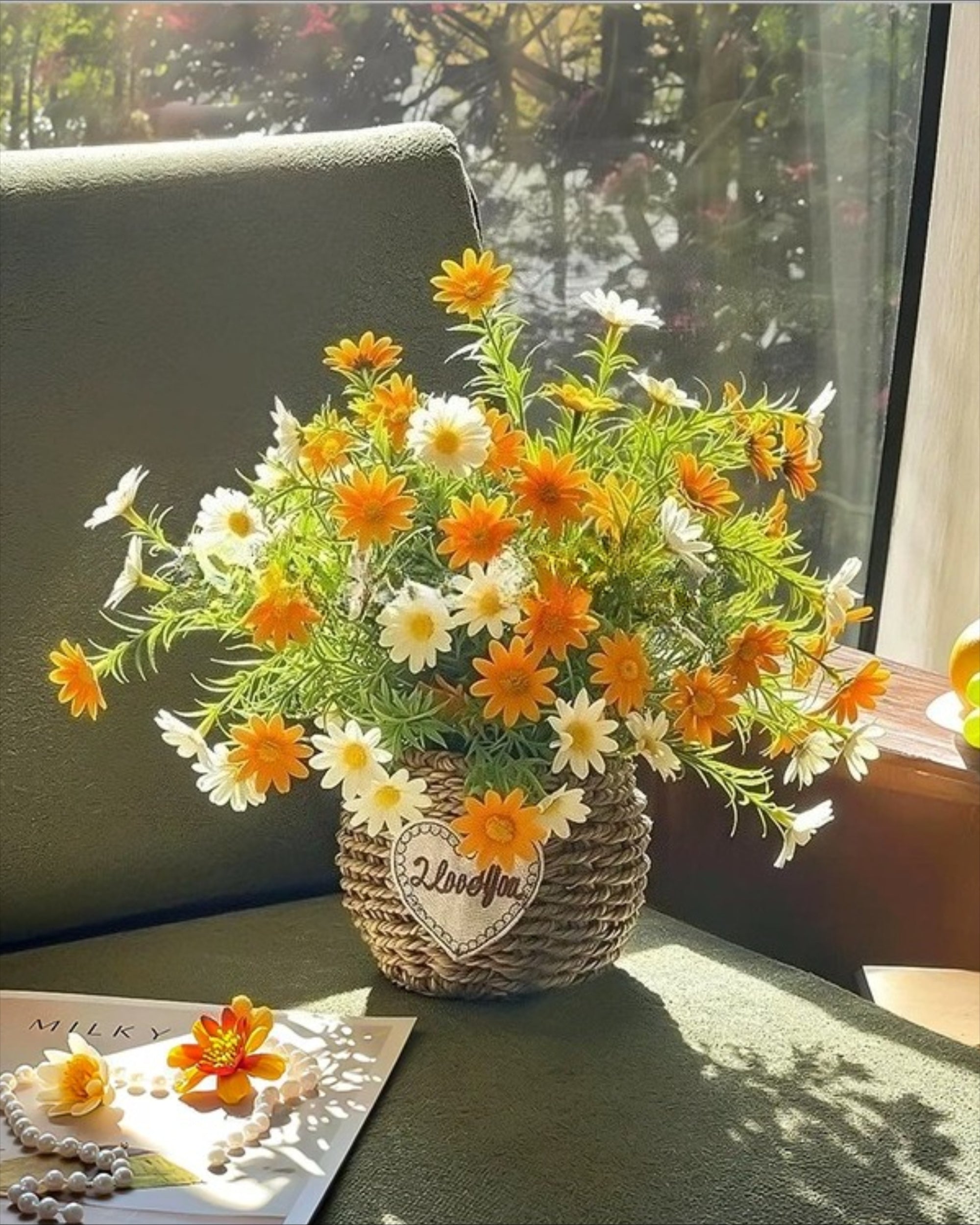 Sunlit Daisy & Chamomile Faux Floral Basket Arrangement