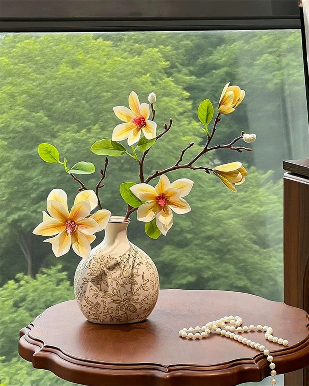 Vintage Yellow Magnolia Faux Floral Arrangement with Vase