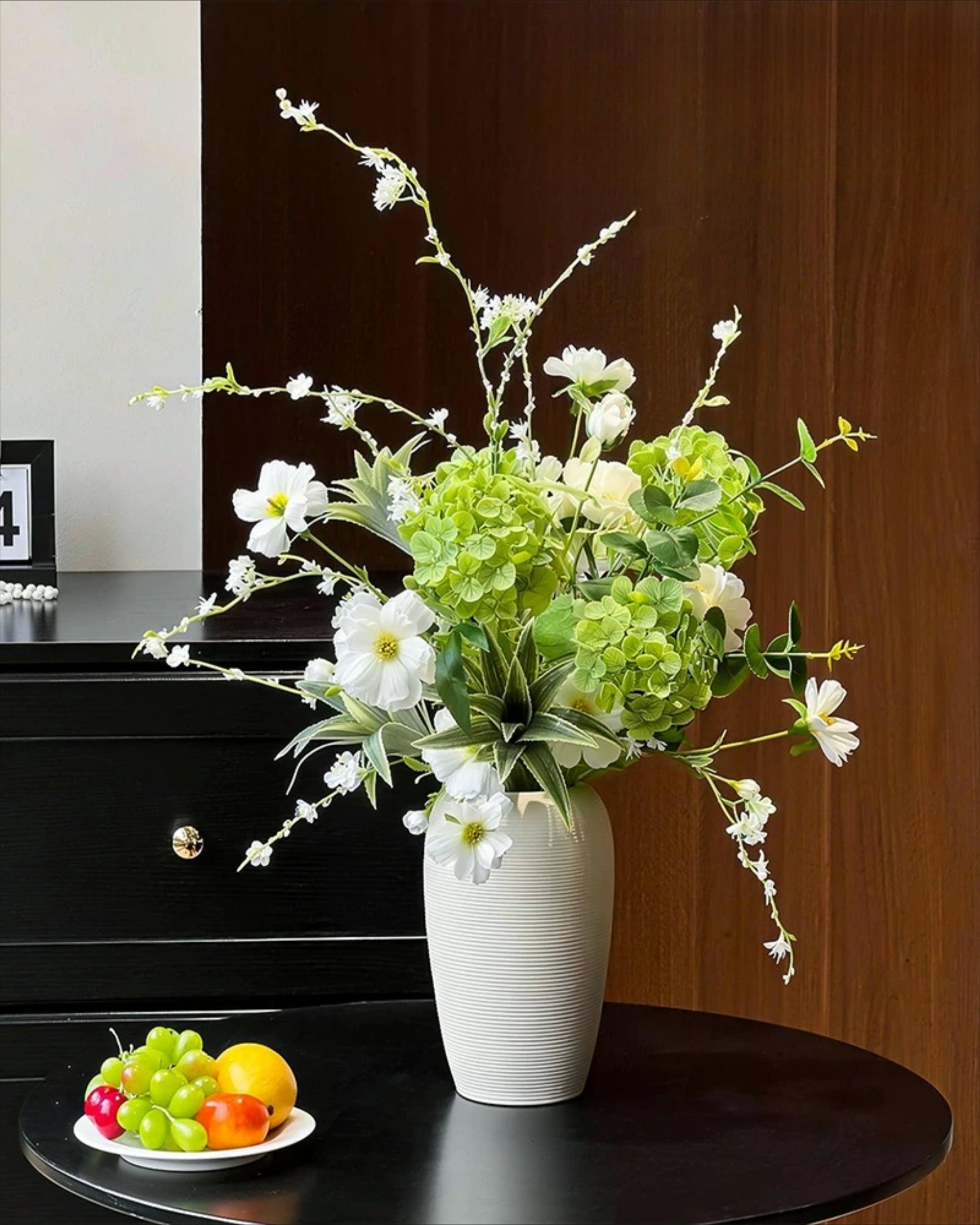 Vintage Fresh Green Hydrangea & White Cosmos Faux Floral Arrangement