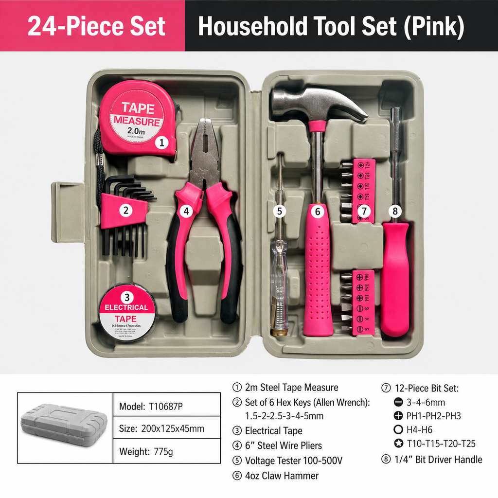 24 Piece Household Tool Set with Hammer Pliers Screwdriver Kit