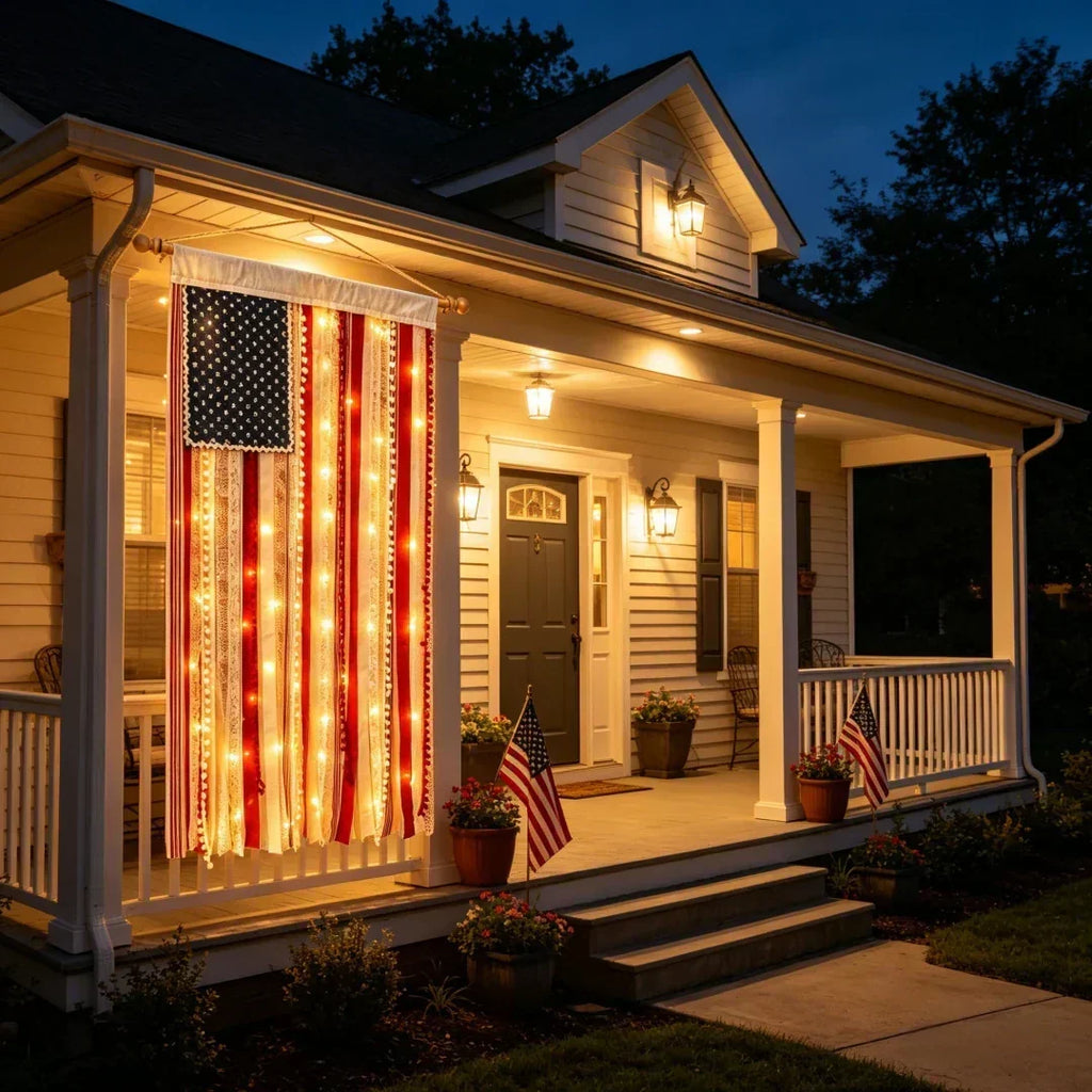 4 x 2.3 Ft Lighted Rag American Flag Banner - USA 250th Celebration
