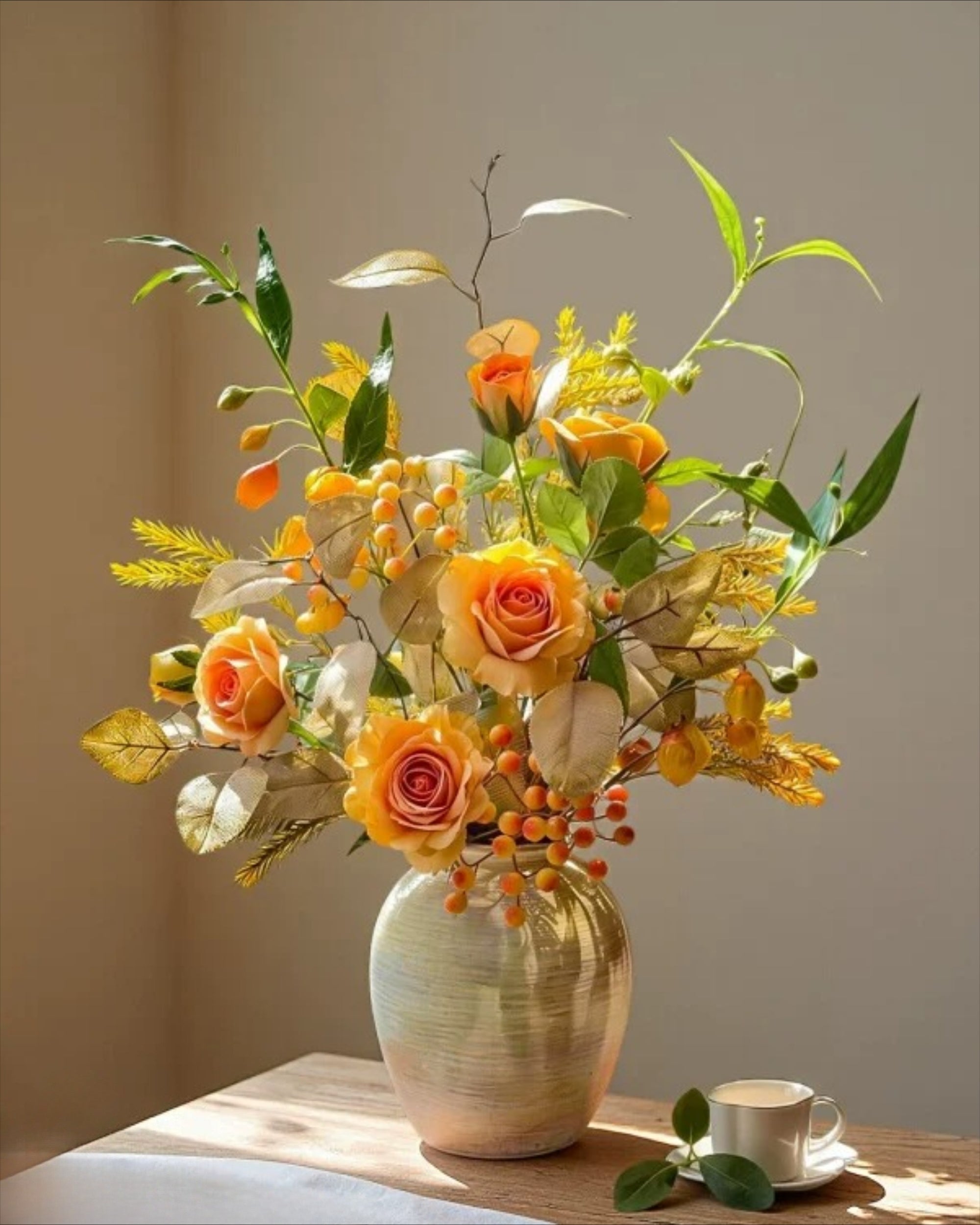 Vintage Autumn Amber Rose & Berry Faux Floral Arrangement