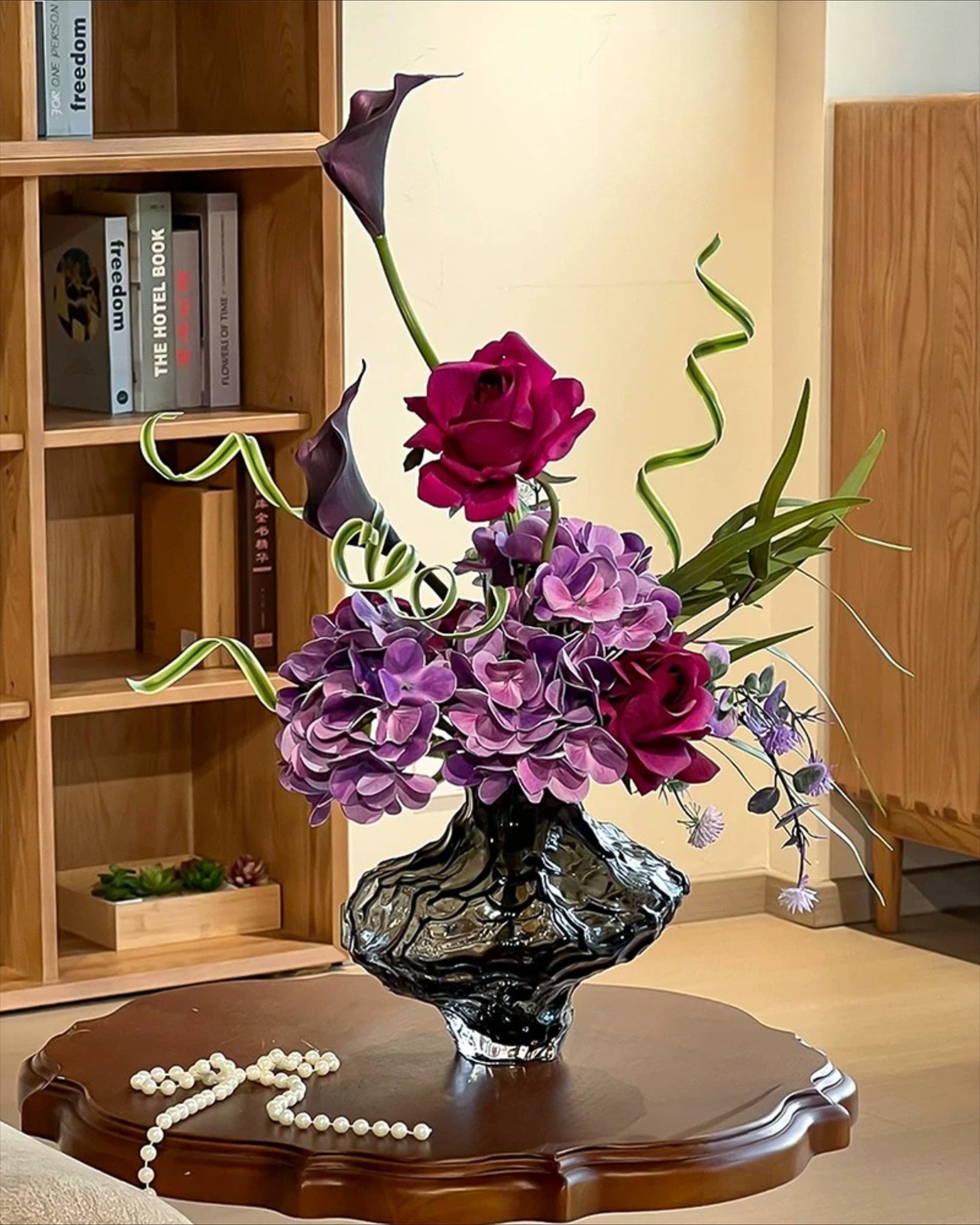 Moody Purple Hydrangea & Rose Faux Floral Arrangement