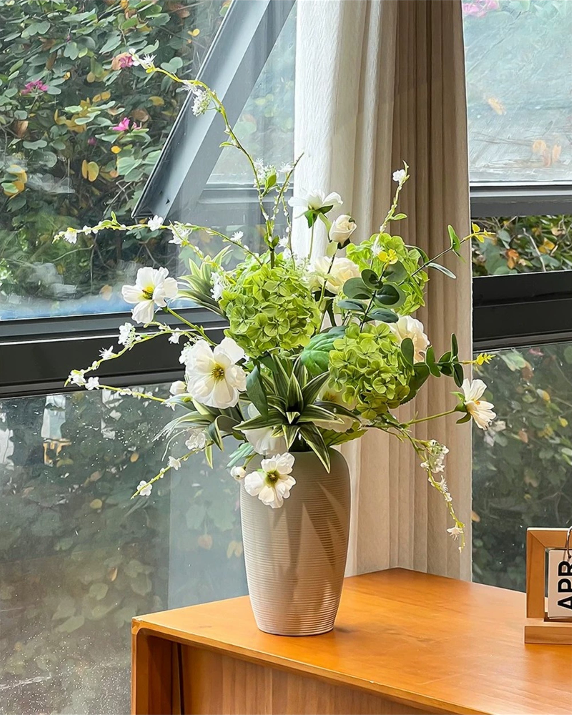 Vintage Fresh Green Hydrangea & White Cosmos Faux Floral Arrangement