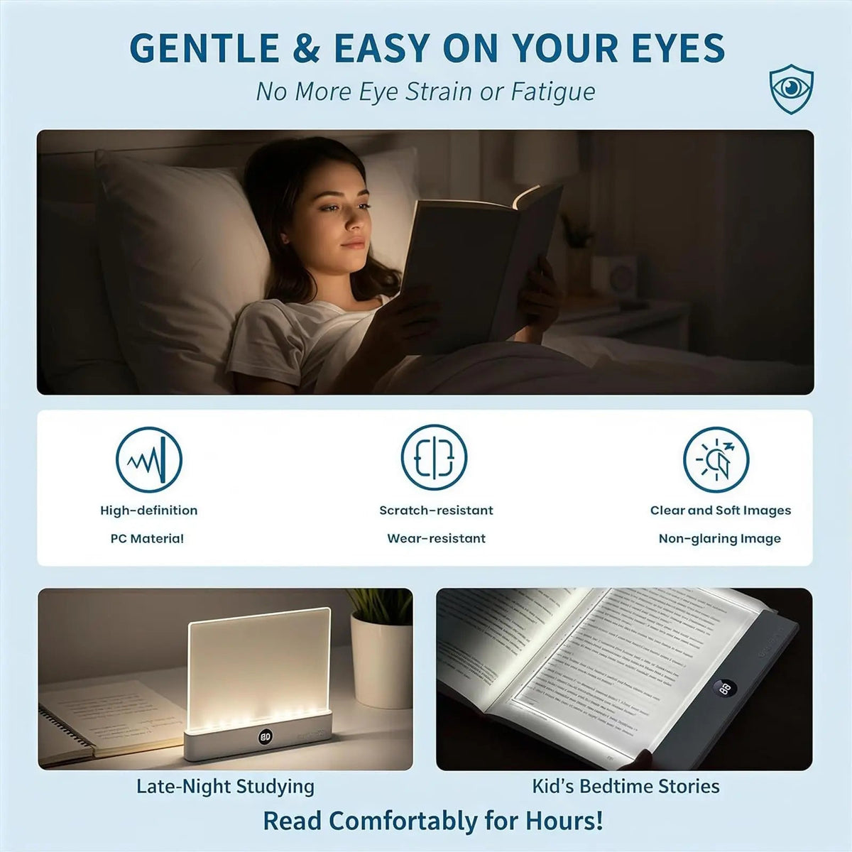 LED Book Reading Light — Portable, Rechargeable, Adjustable Brightness, Clip-On, Eye-Caring, Flexible Neck