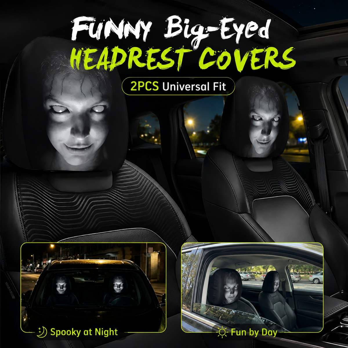 Funny Cartoon Car Headrest Covers – 2PCS Universal Fit