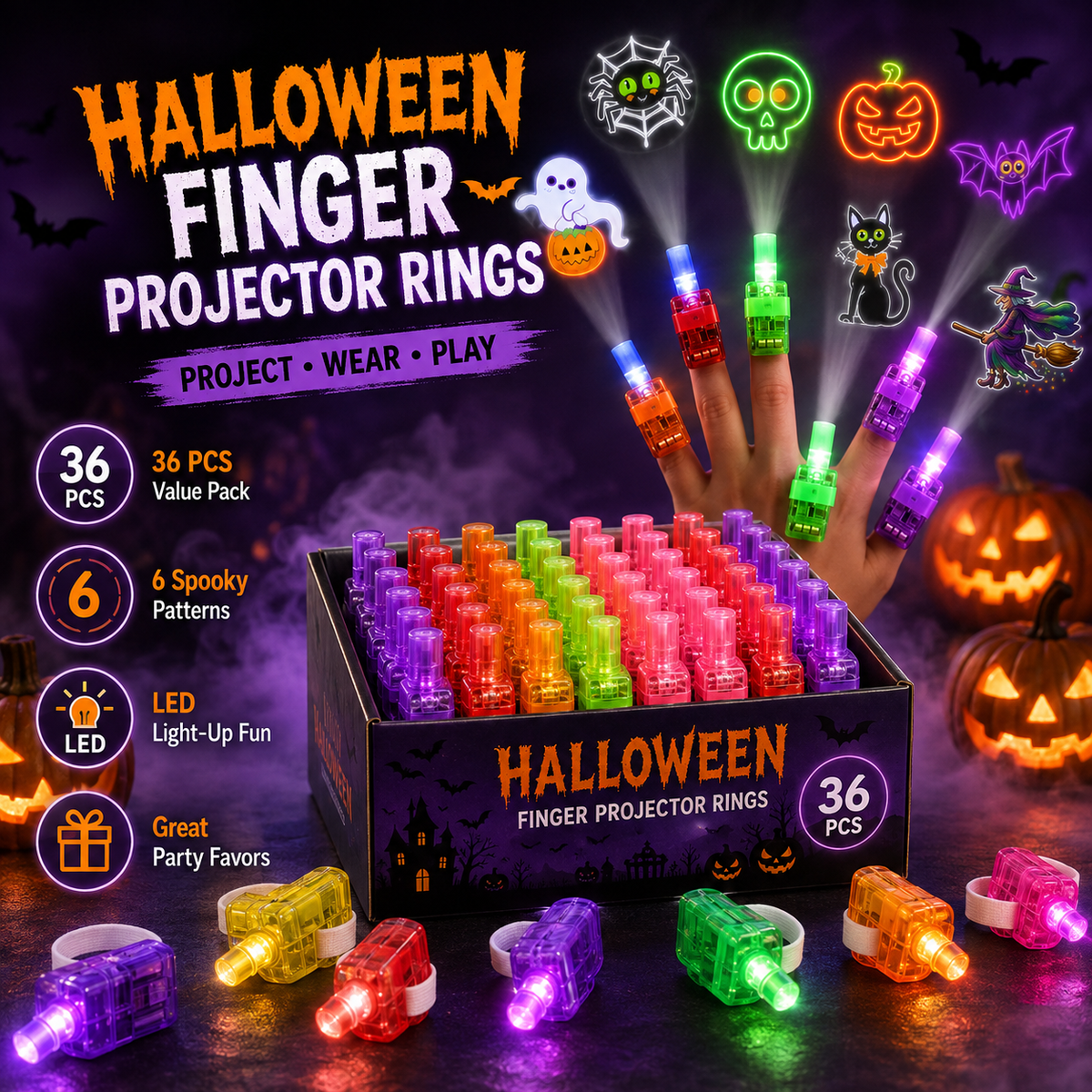 Halloween Finger Projector Rings – LED Party Favors for Kids