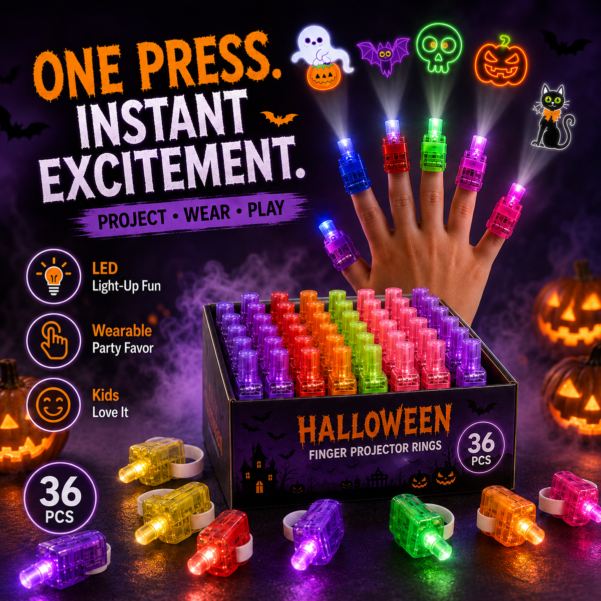 Halloween Finger Projector Rings – LED Party Favors for Kids