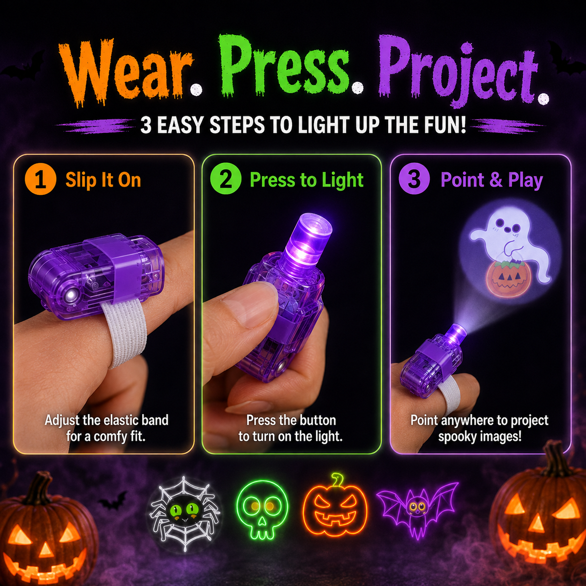 Halloween Finger Projector Rings – LED Party Favors for Kids