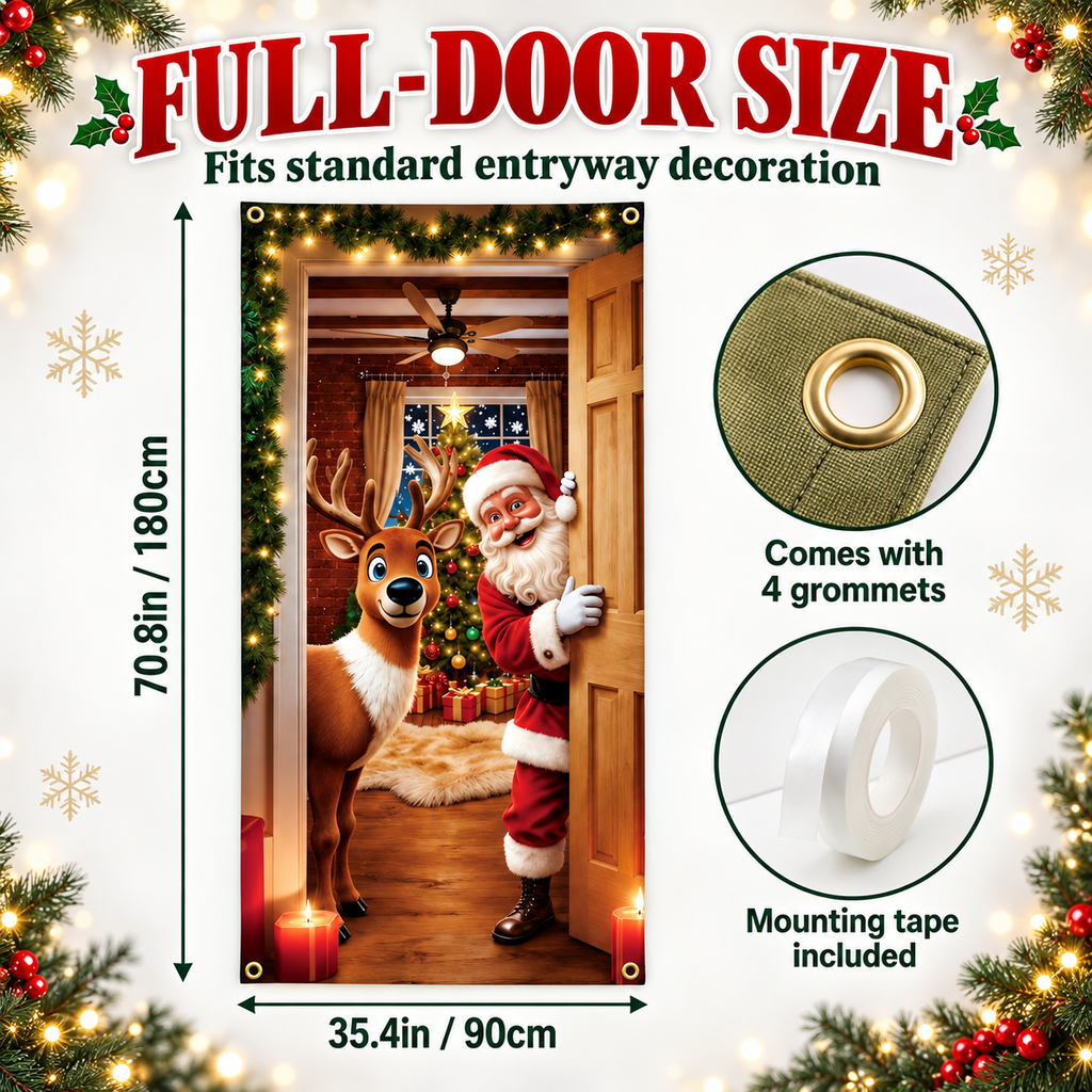 Christmas Santa Door Cover – Festive Reindeer Holiday Decor
