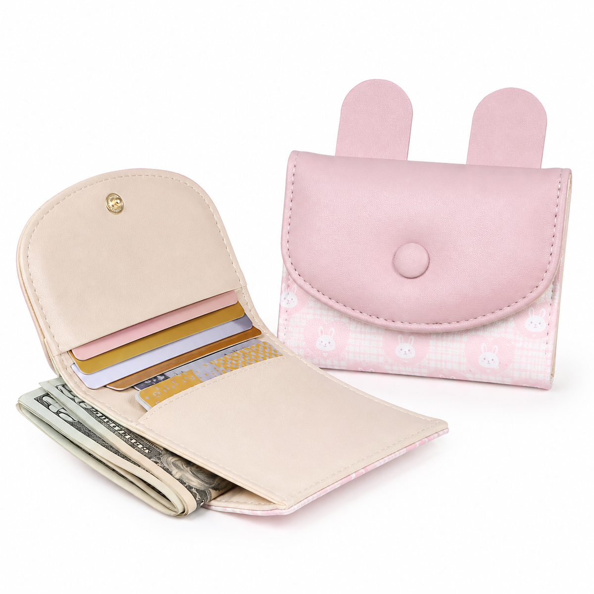 Compact rabbit-themed coin purse with snap closure and card slots 
Maetiva