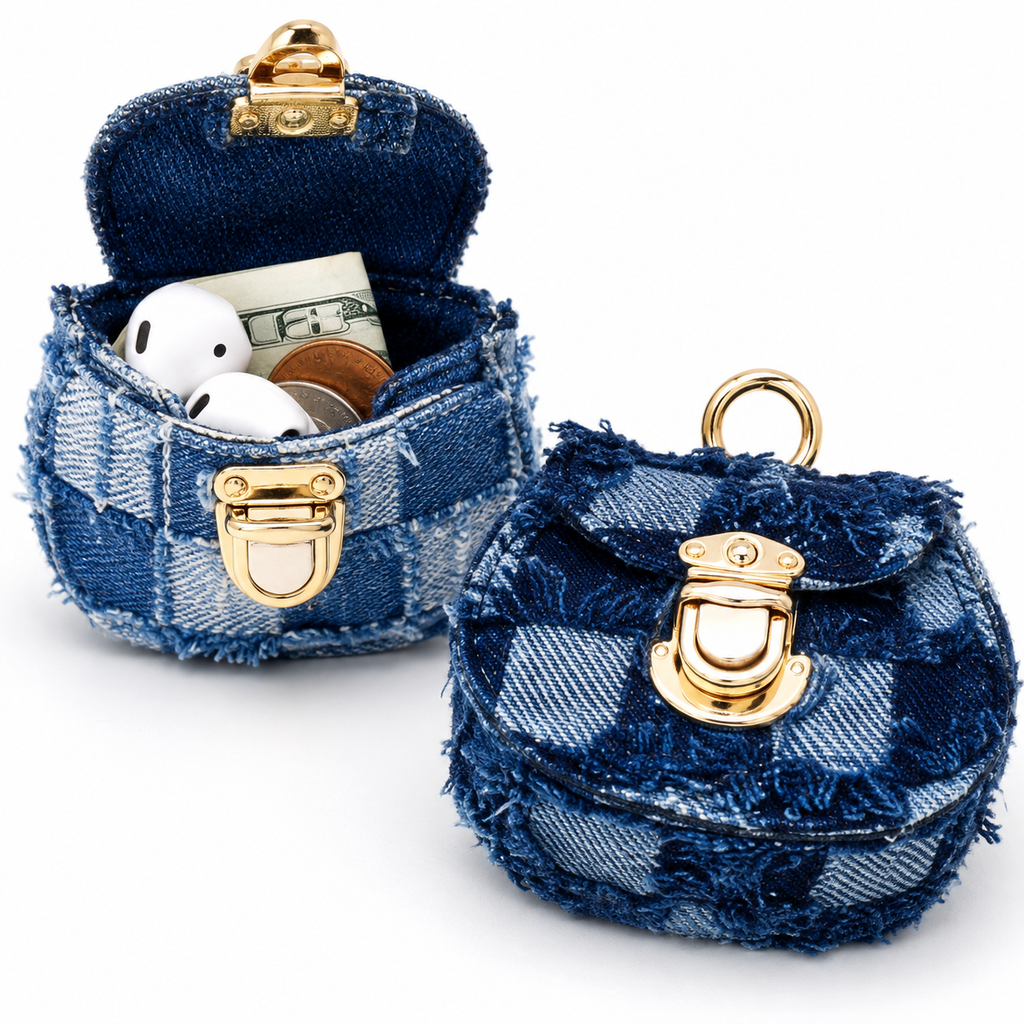 Distressed denim micro crossbody mini purse with gold turn-lock top handle 
Maetiva