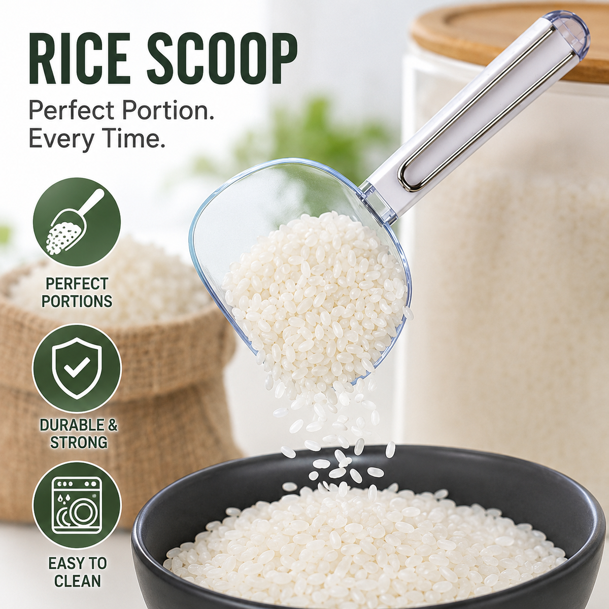 Ergonomic Transparent Bowl Scoop with Quick-Release Wire Handle 
Maetiva
