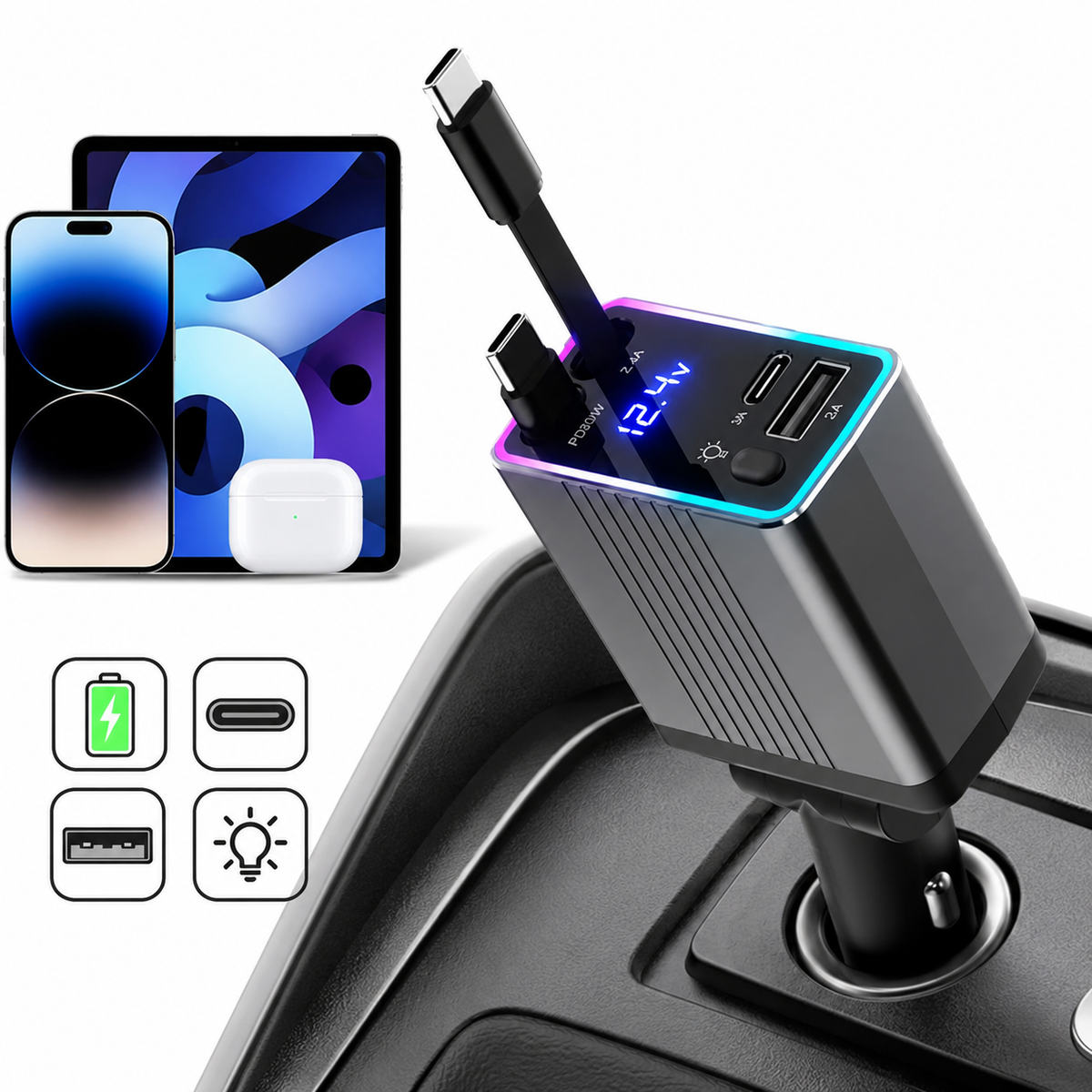 High-Power USB-C PD Car Charger with LED Voltage Display and Detachable Fast Charging Cables 
Maetiva