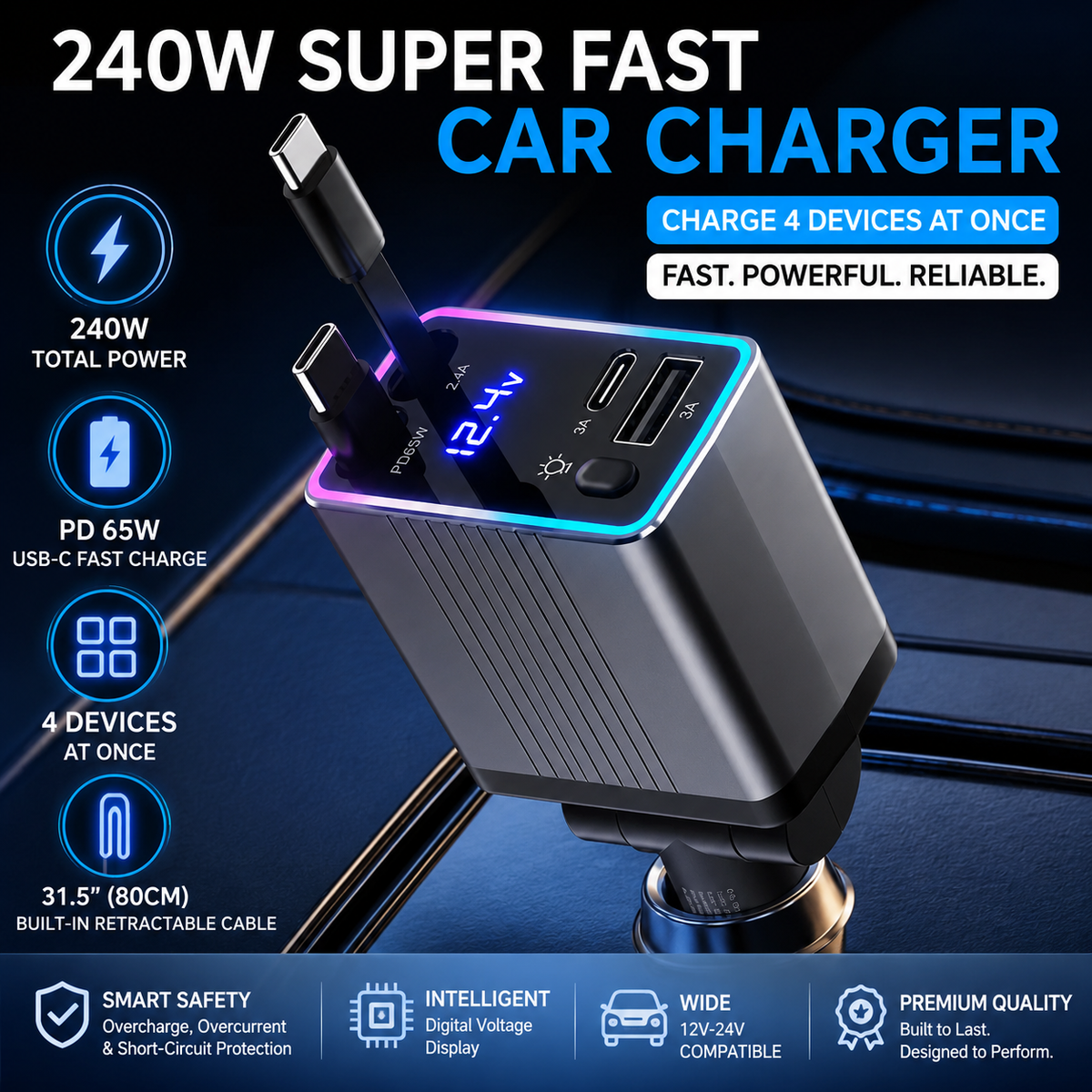 High-Power USB-C PD Car Charger with LED Voltage Display and Detachable Fast Charging Cables 
Maetiva