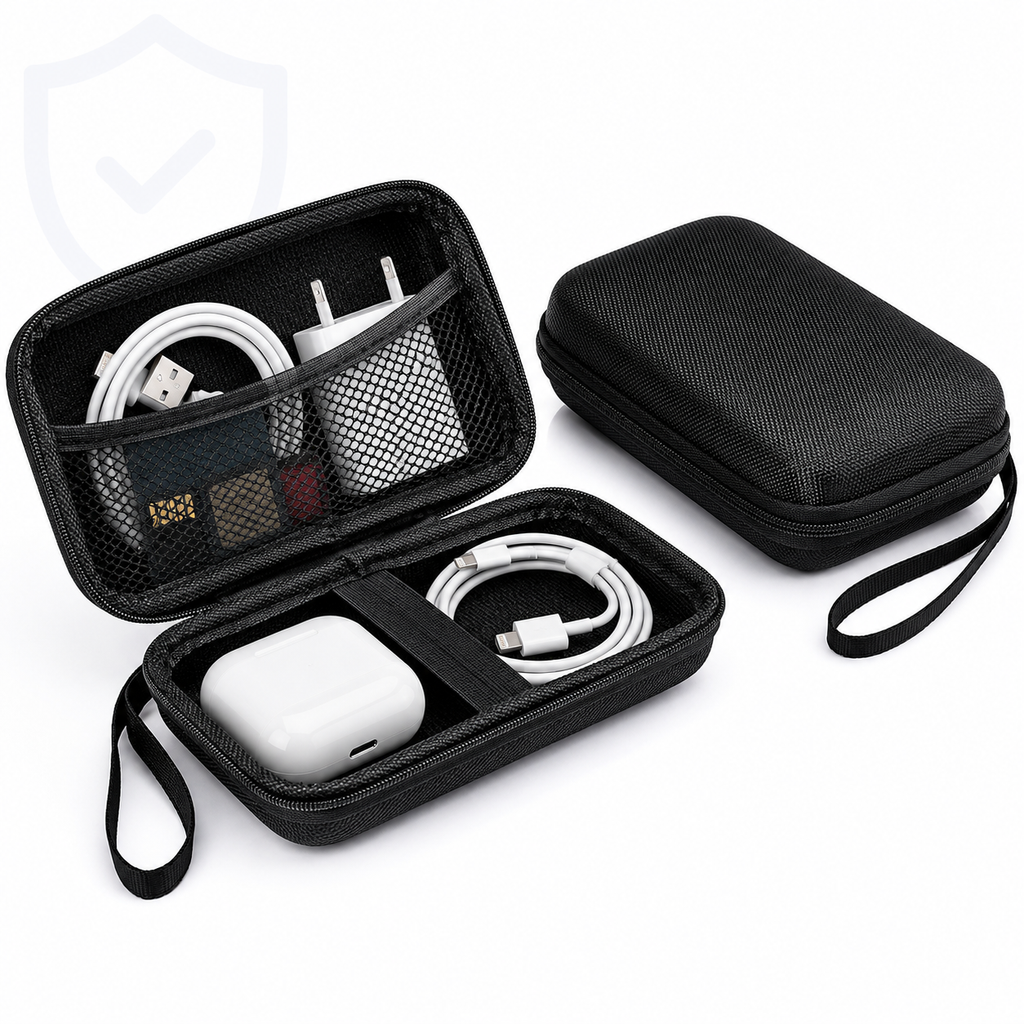 Compact hard-shell travel electronics organizer case 
Maetiva
