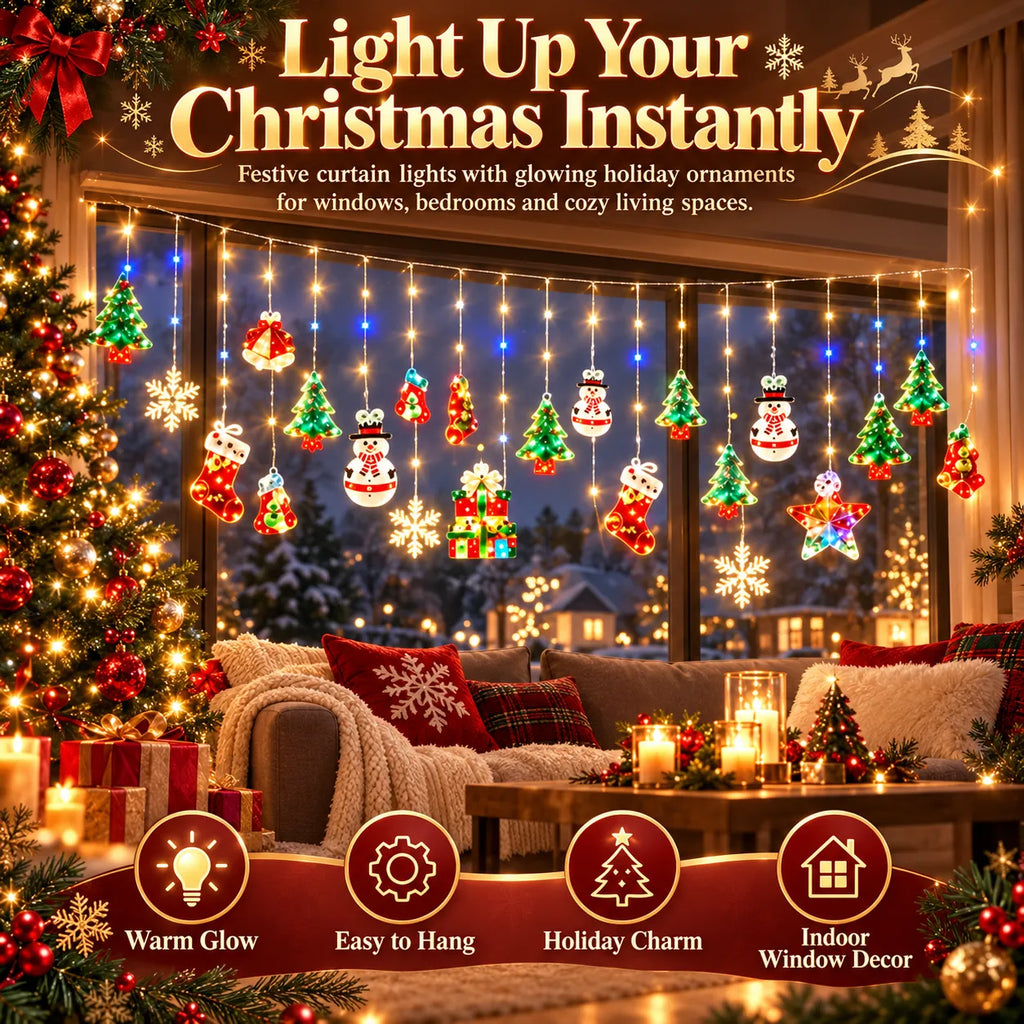 Christmas Ornament Curtain Lights – Light-Up Holiday Window Decorations for Home