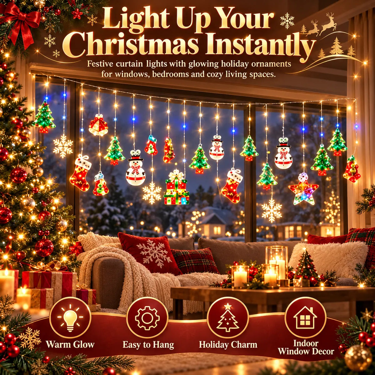 Christmas Ornament Curtain Lights – Light-Up Holiday Window Decorations for Home