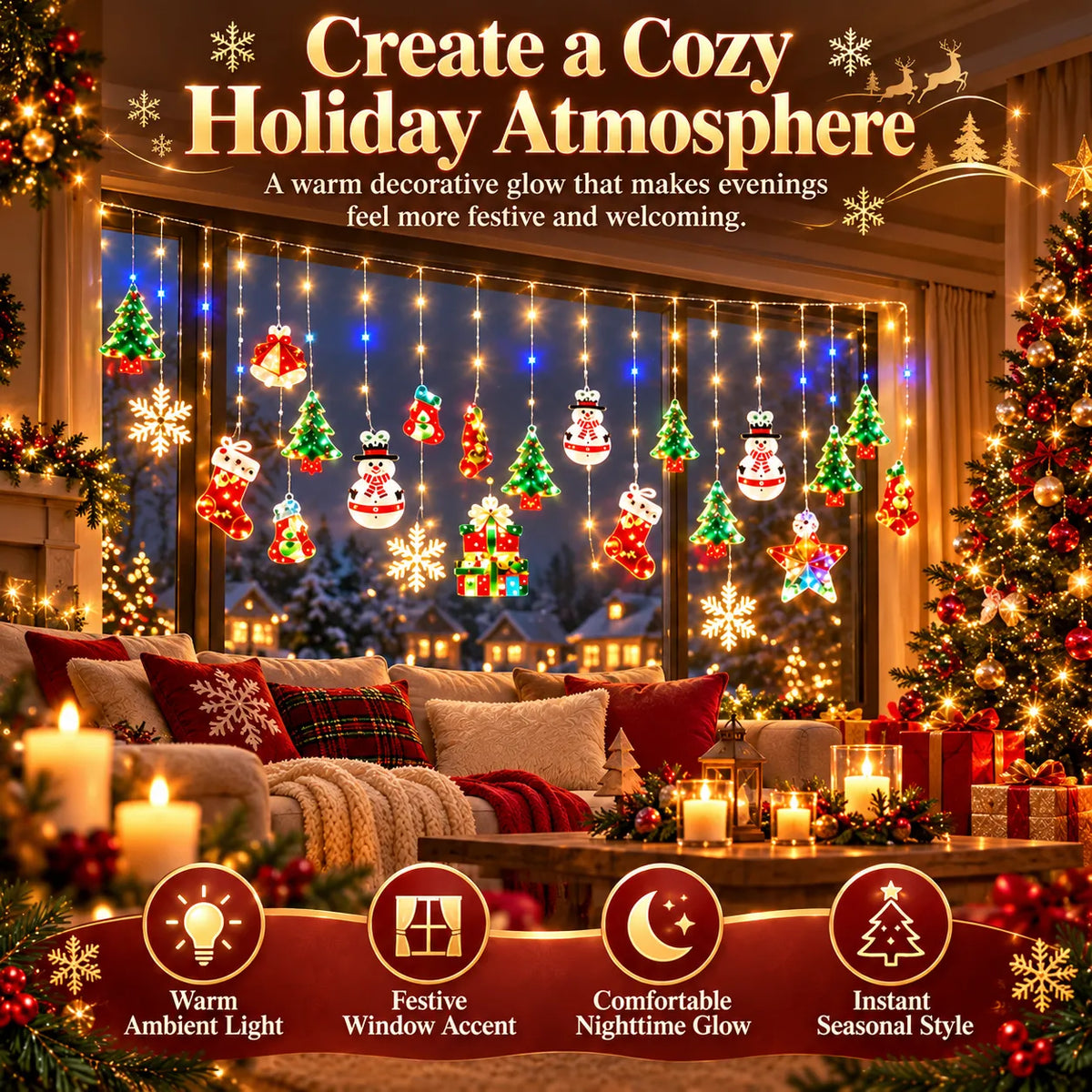 Christmas Ornament Curtain Lights – Light-Up Holiday Window Decorations for Home