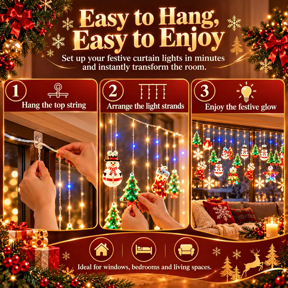 Christmas Ornament Curtain Lights – Light-Up Holiday Window Decorations for Home
