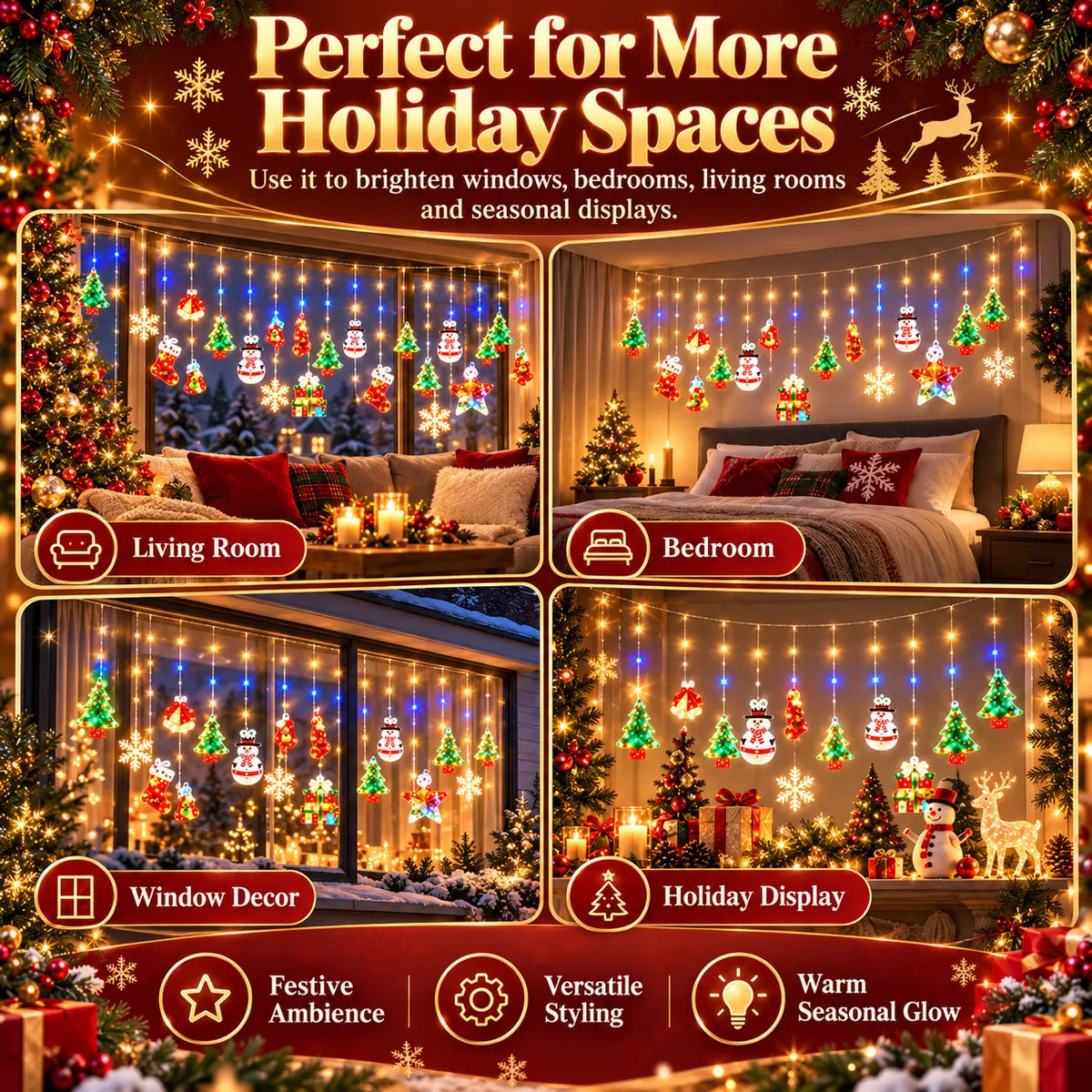 Christmas Ornament Curtain Lights – Light-Up Holiday Window Decorations for Home