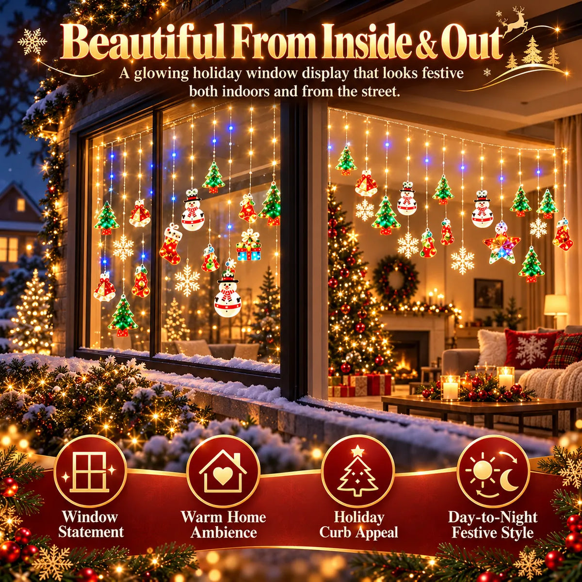 Christmas Ornament Curtain Lights – Light-Up Holiday Window Decorations for Home