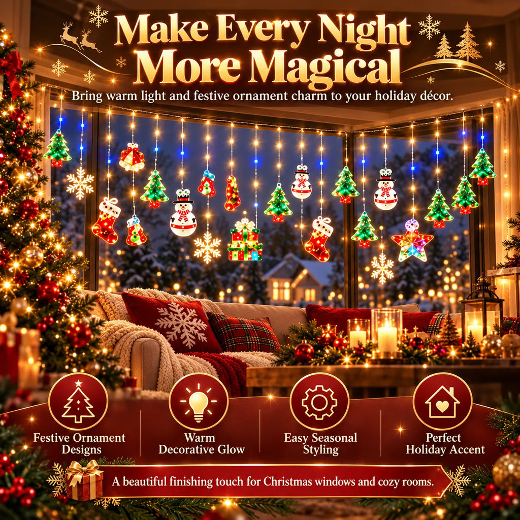 Christmas Ornament Curtain Lights – Light-Up Holiday Window Decorations for Home