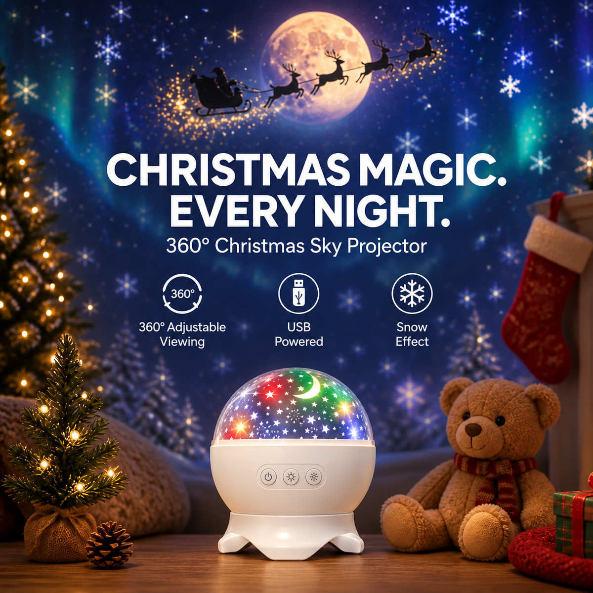 Christmas Sky Projector – 360° Snow & Santa Light Show