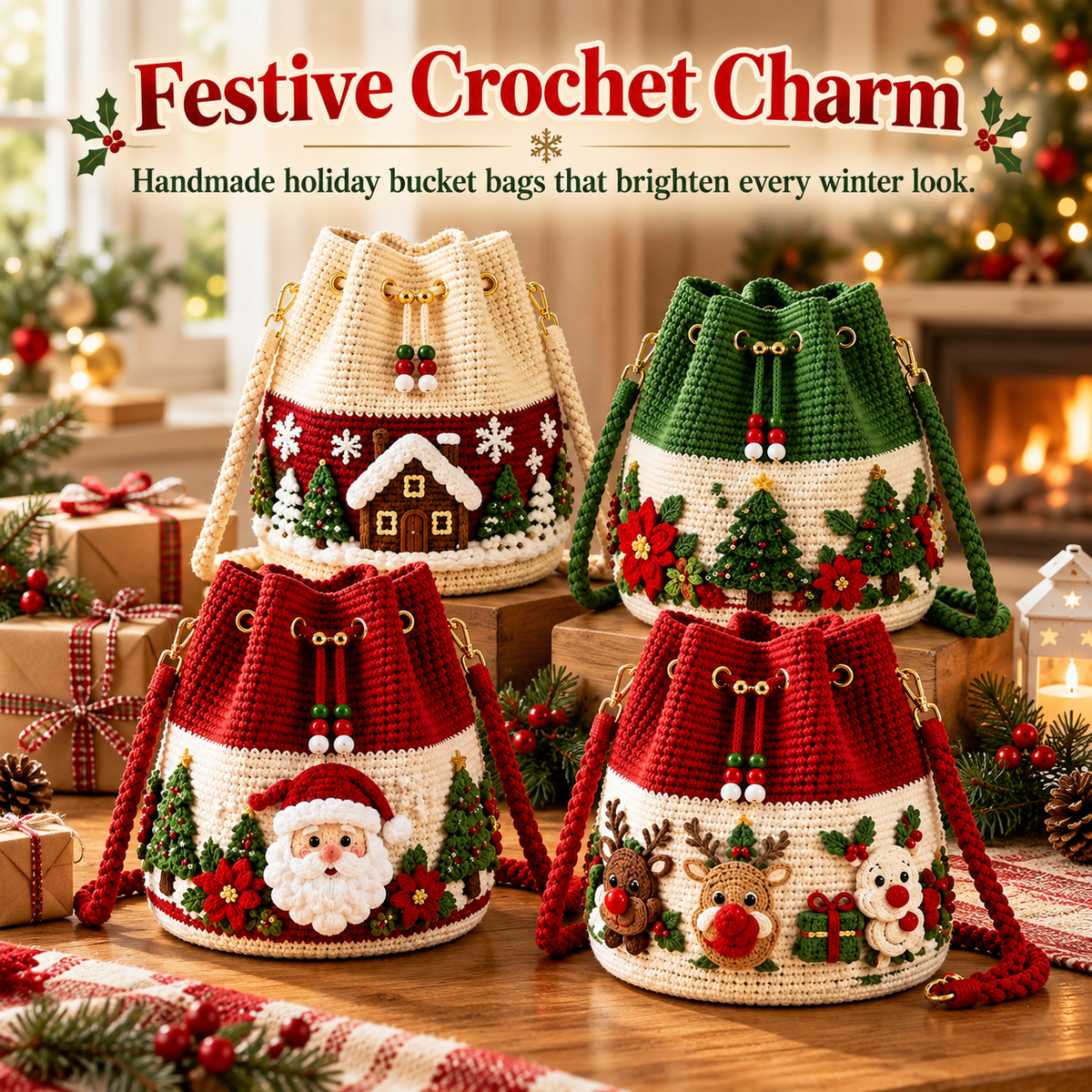 Handmade Christmas Crochet Bucket Bag