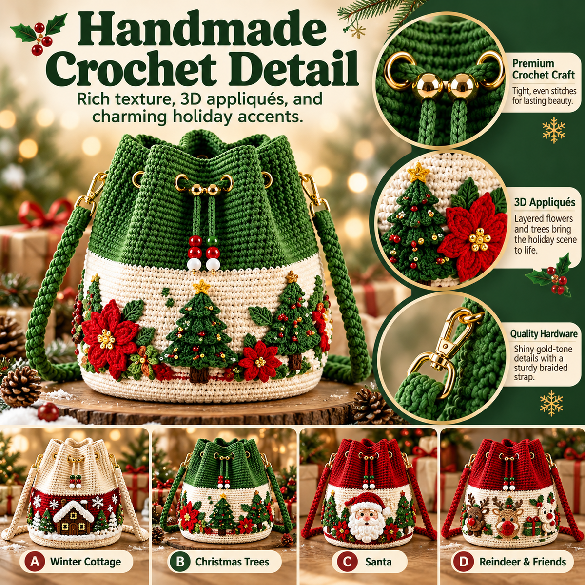 Handmade Christmas Crochet Bucket Bag