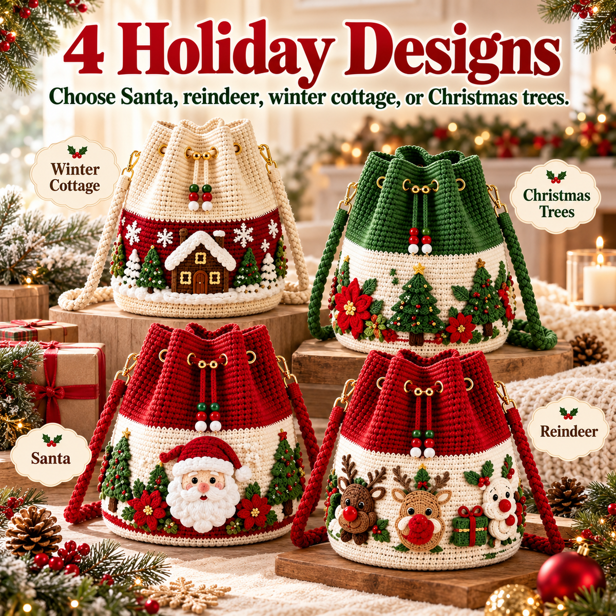 Handmade Christmas Crochet Bucket Bag