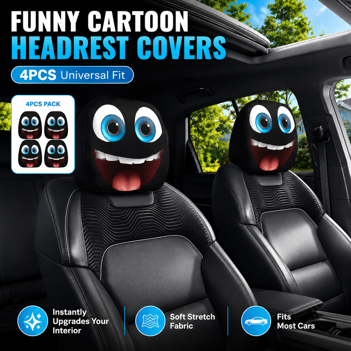 Funny Cartoon Car Headrest Covers – 2PCS Universal Fit