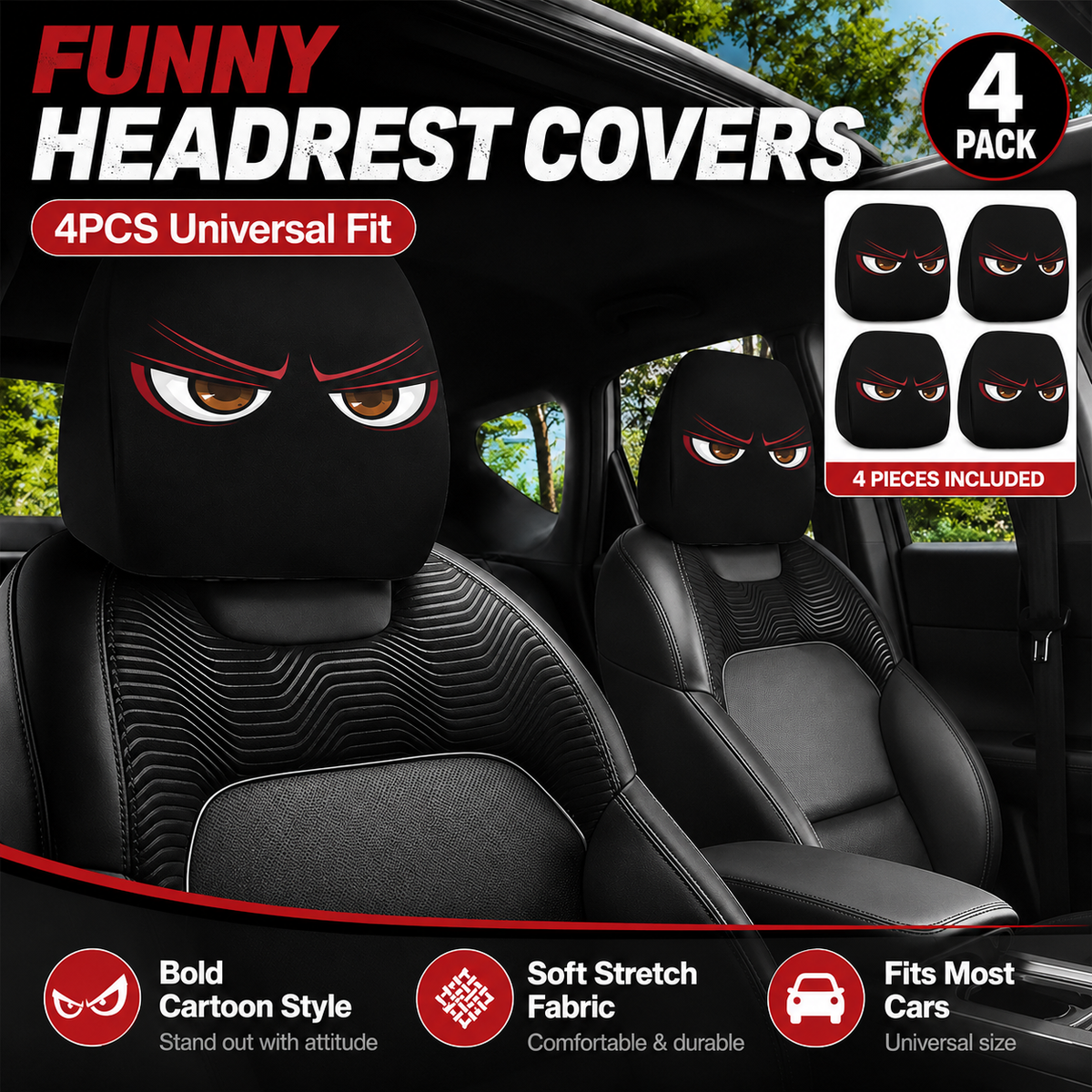 Funny Cartoon Car Headrest Covers – 2PCS Universal Fit