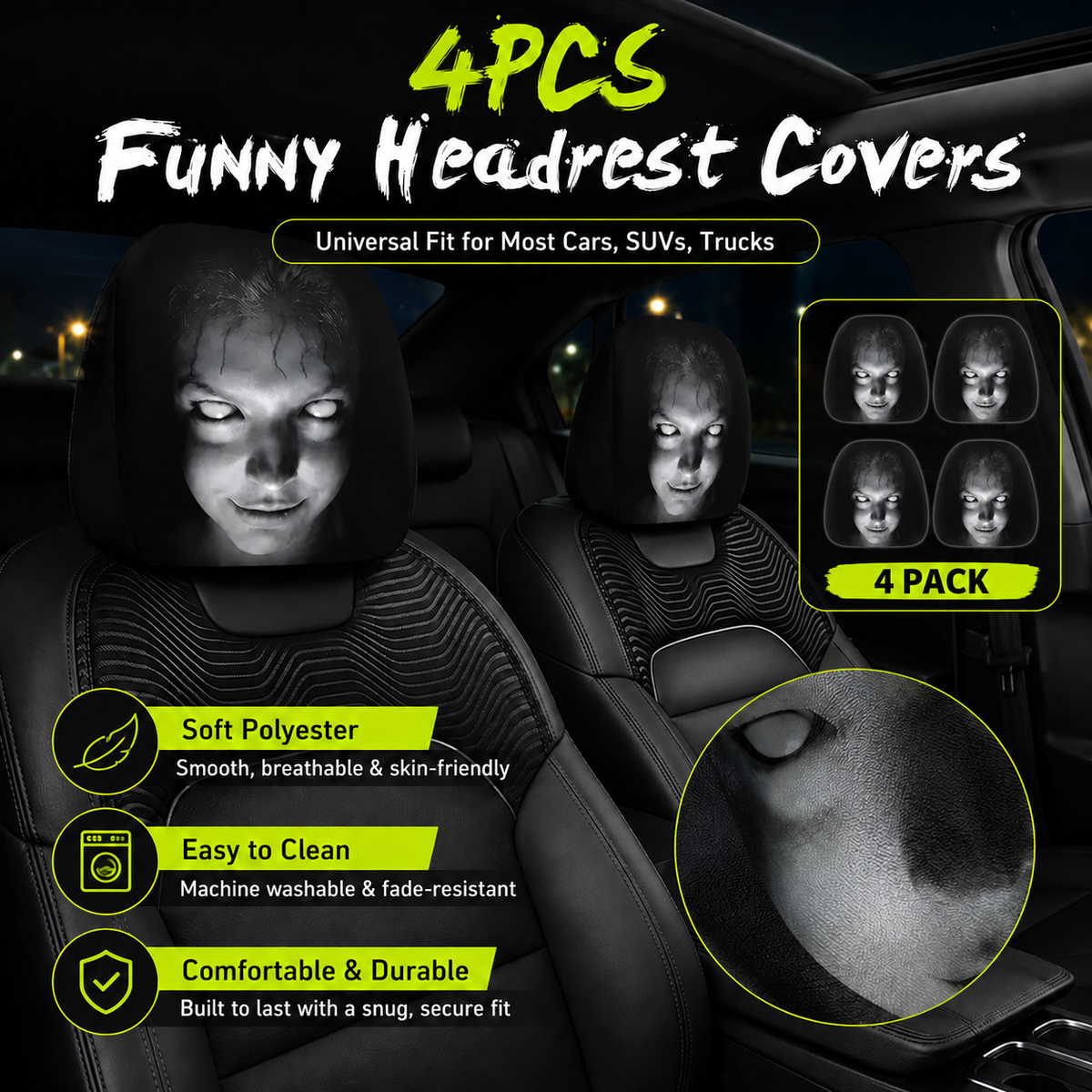 Funny Cartoon Car Headrest Covers – 2PCS Universal Fit