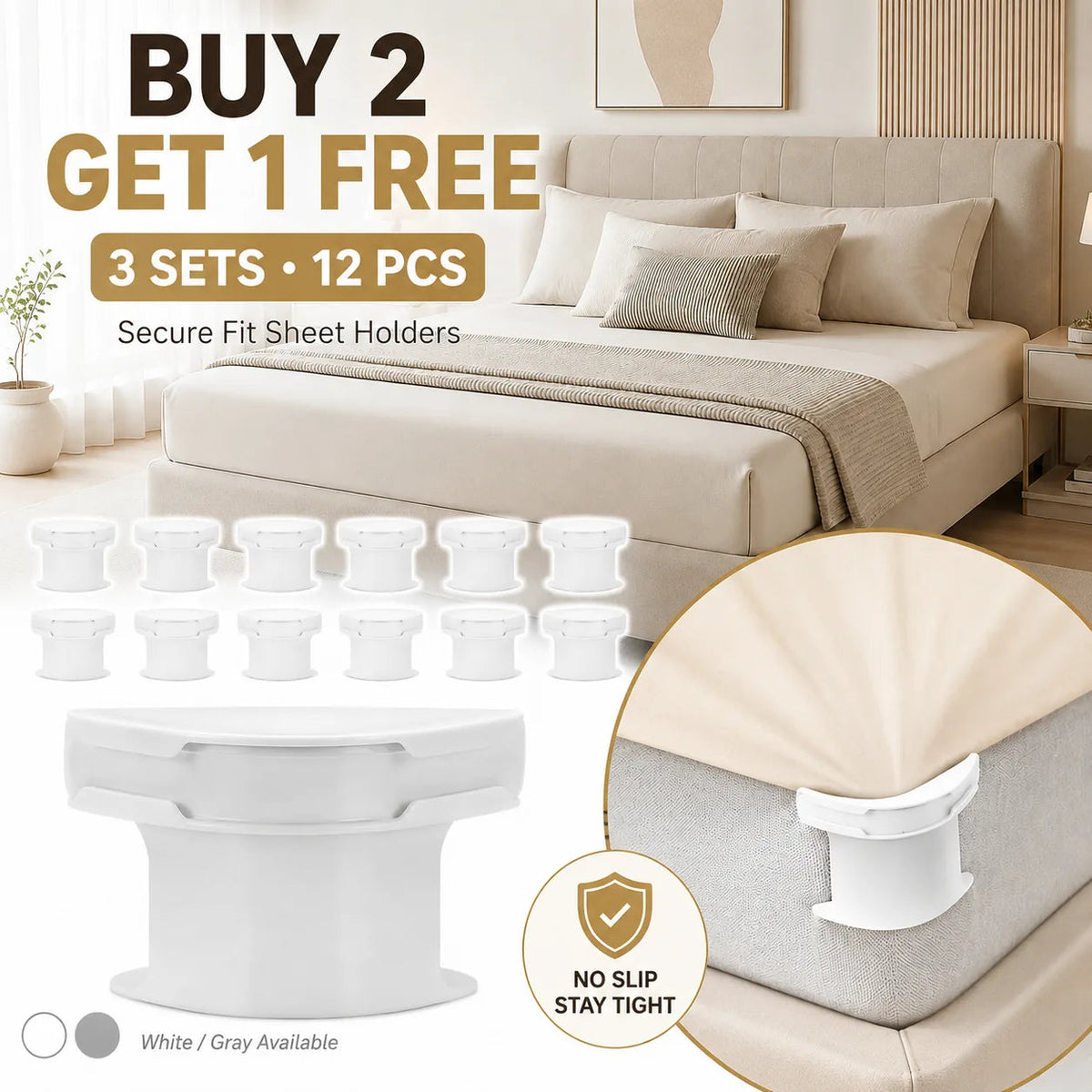 Secure Fit Sheet Holders – Wrinkle-Free. Slip-Free Bed