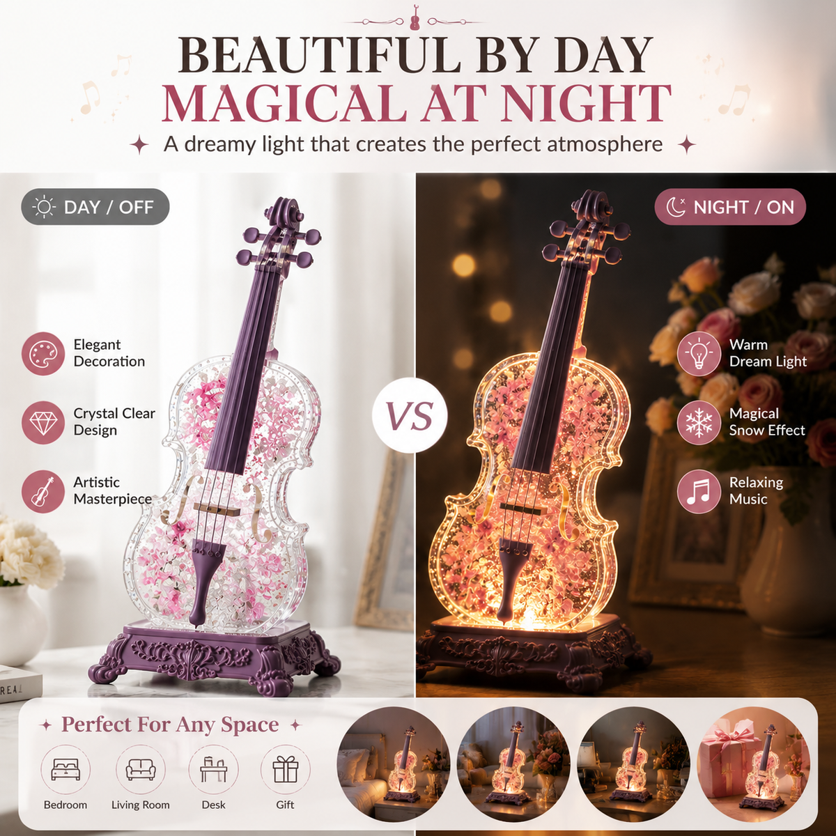 Crystal Violin Music Box – Bluetooth Speaker With Dream Light & Snow Effect