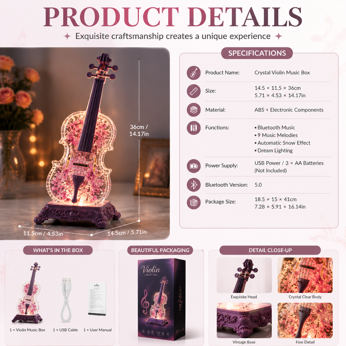 Crystal Violin Music Box – Bluetooth Speaker With Dream Light & Snow Effect