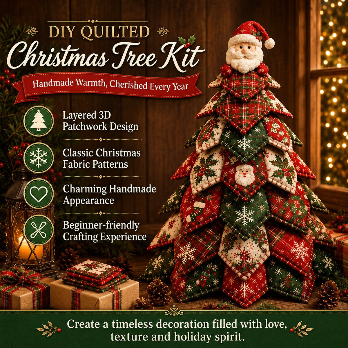 Santa Claus Patchwork Tree Quilt Kit – Easy Layered Fabric Holiday Décor