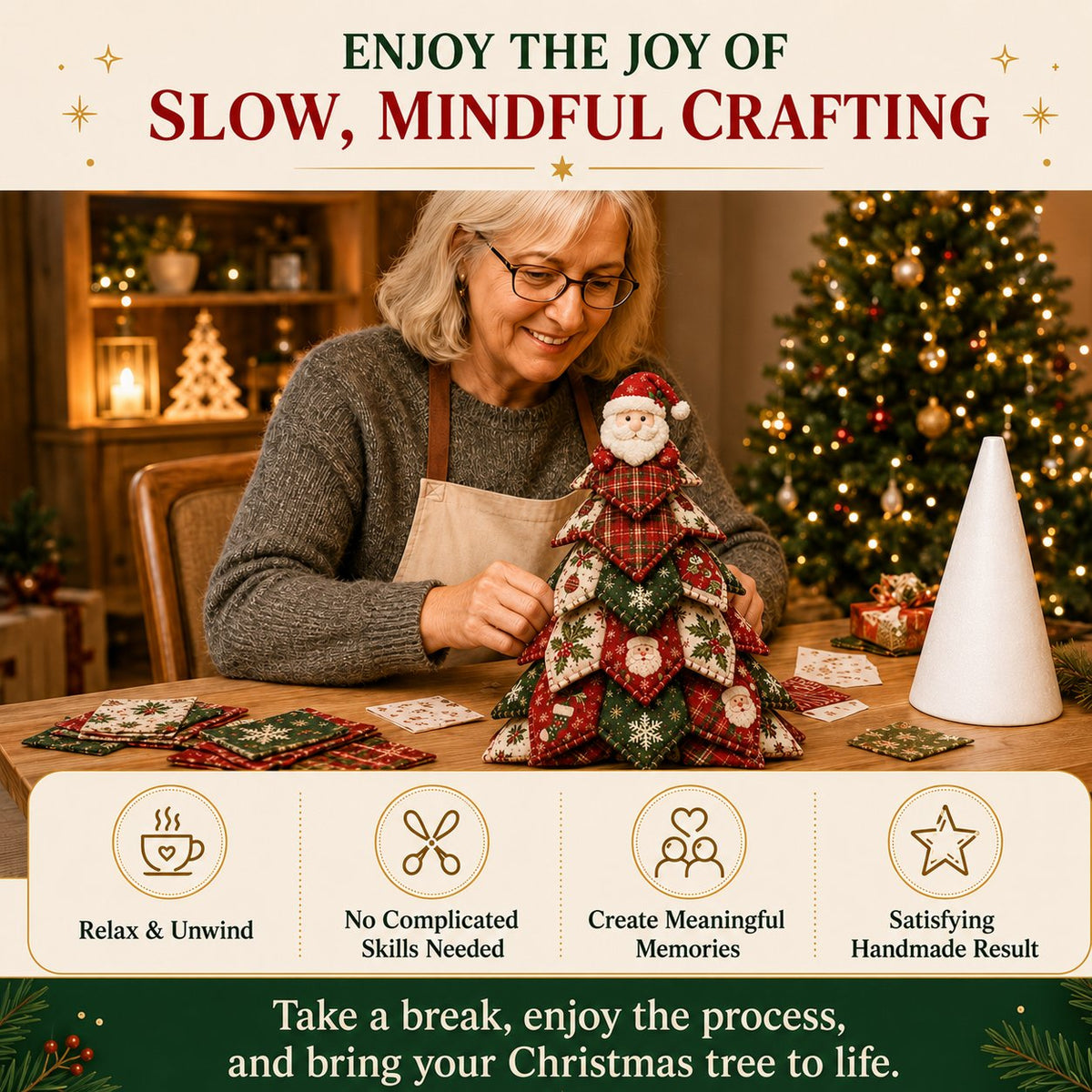 Santa Claus Patchwork Tree Quilt Kit – Easy Layered Fabric Holiday Décor