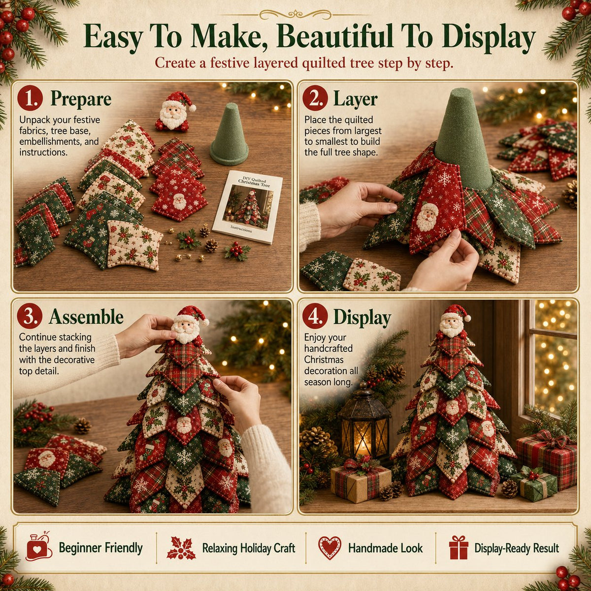 Santa Claus Patchwork Tree Quilt Kit – Easy Layered Fabric Holiday Décor