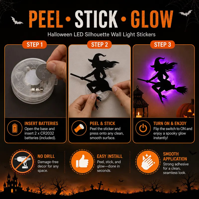 Halloween LED Silhouette Wall Light Stickers, Battery Powered Peel