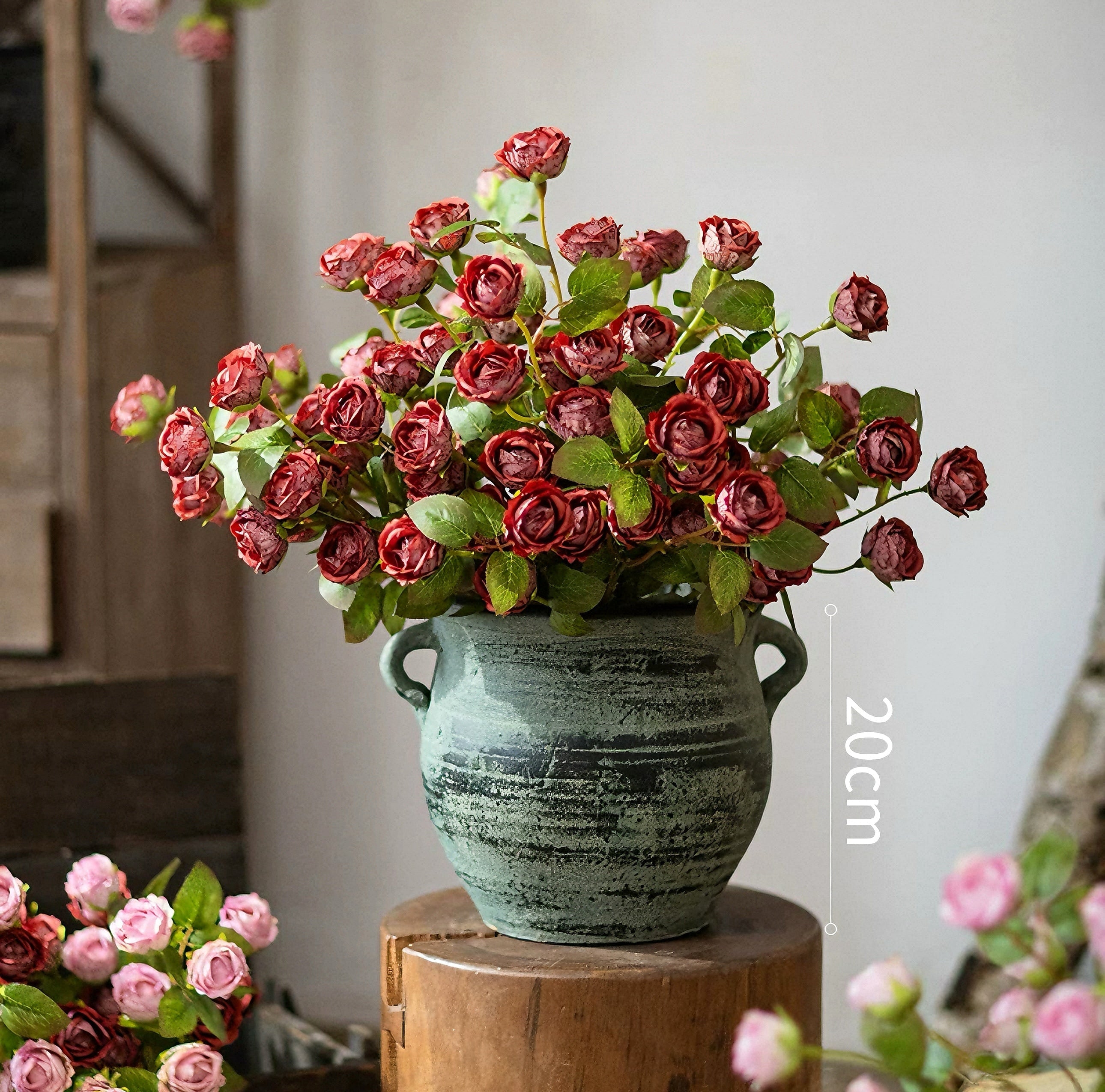 Vintage Crimson Mini Rose Artificial Floral Arrangement with Rustic Elegance