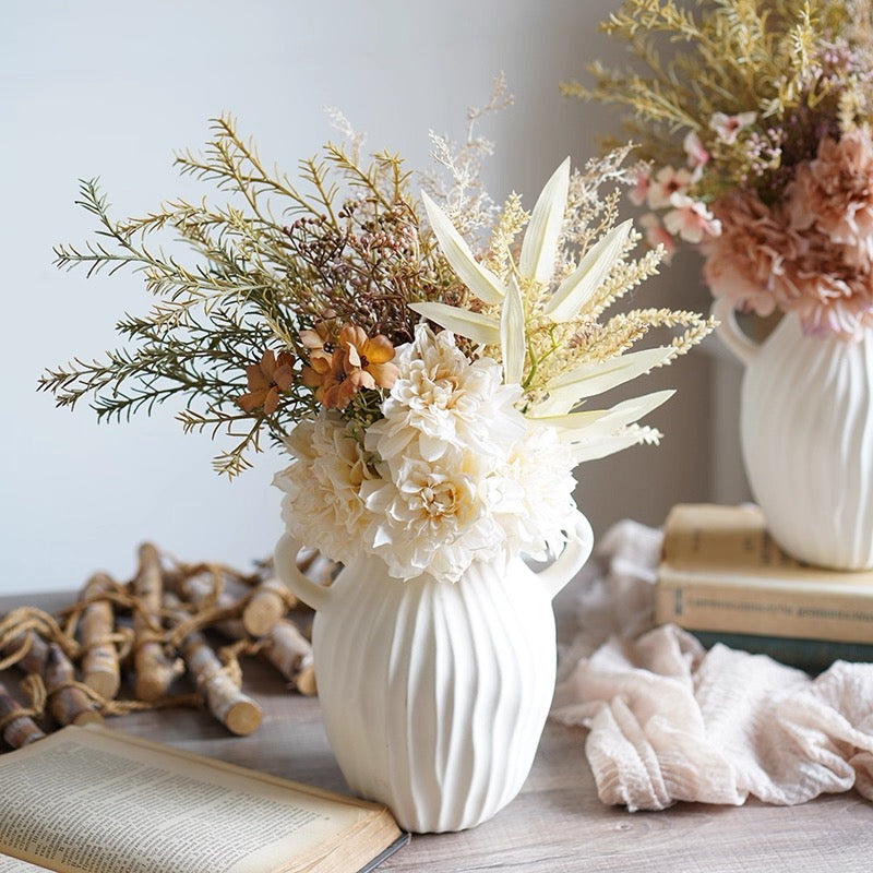 Double Handled Textured Vase - White