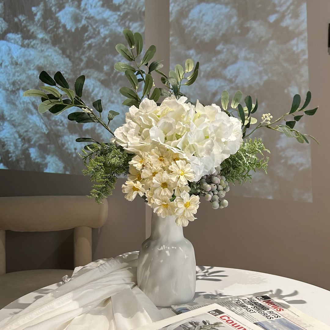 Eucalyptus & White Hydrangea Faux Floral Arrangement