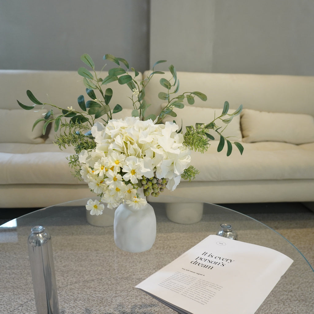 Eucalyptus & White Hydrangea Faux Floral Arrangement