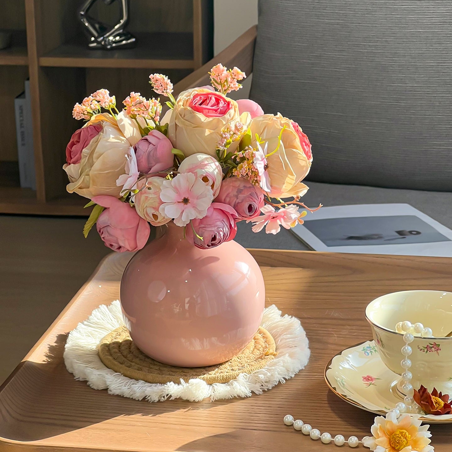 Faux Blush Arrangement - Pink & Cream (Vase Included)